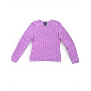 Pure Cashmere Sweater Women Large Purple Fair Cable Knit Crew Neck *Flawed*
